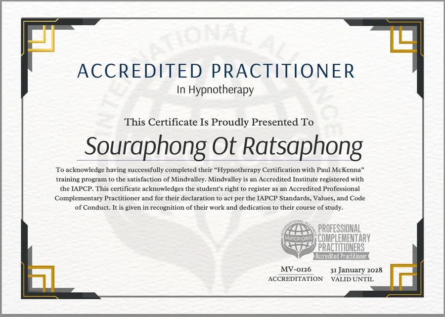IAPCP Accredited Practitioner in Hypnotherapy certificate awarded to Souraphong Ot Ratsaphong, accreditation MV-0126, valid until 31 January 2028